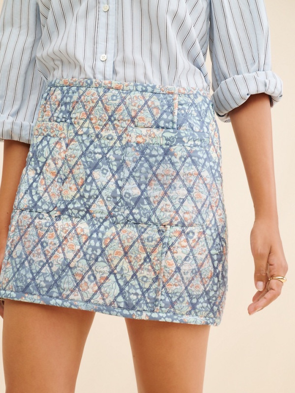NWT Free People Darla Quilted Mini Skirt Blue Floral Tapestry High-Rise Size 10